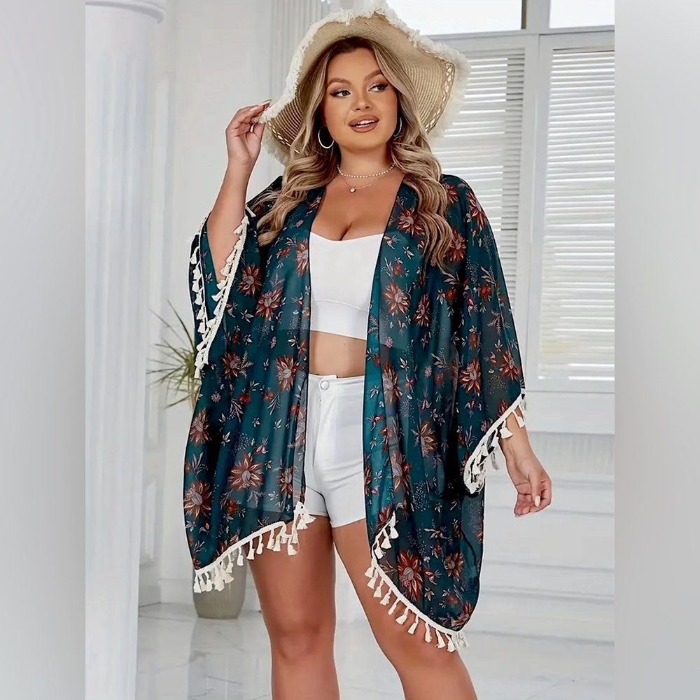Floral Kimono With Tassel Trim